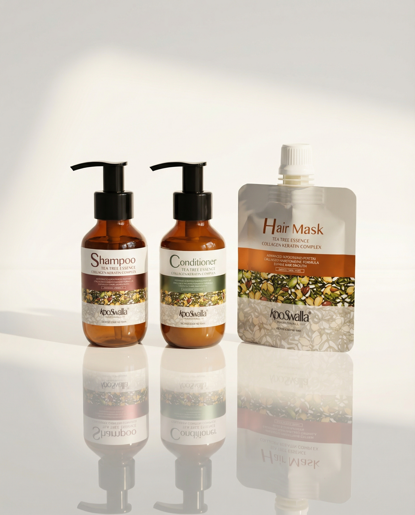 Kooswalla Travel size shampoo, conditioner and collagen complex hair mask pack for gym and travel, nourishes hair and scalp, strengthens, hydrates and leaves hair soft and healthy.