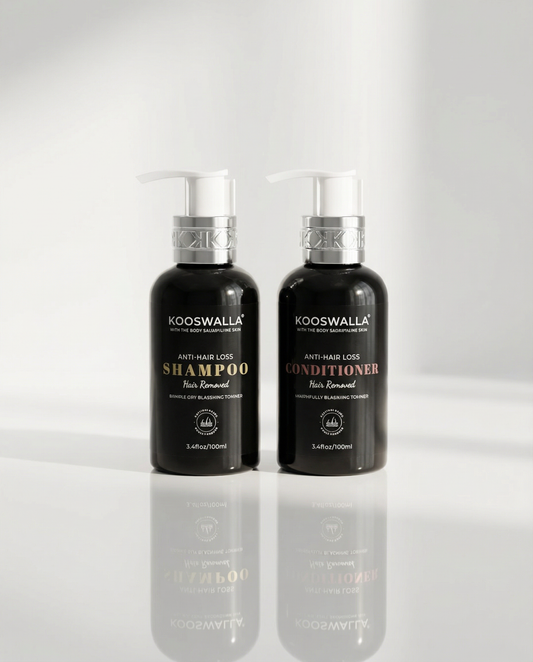 Travel size hair loss shampoo and conditioner duo for thicker fuller hair, perfect for gym and travel.